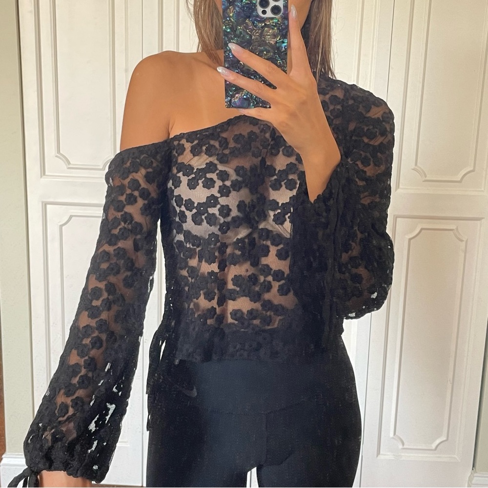 Majorelle Black Floral Crochet Top